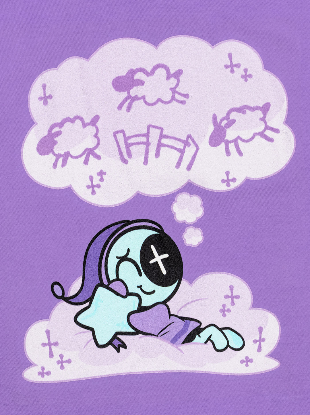 Cartoon character with a star-shaped pillow on a purple background with cloud illustrations.