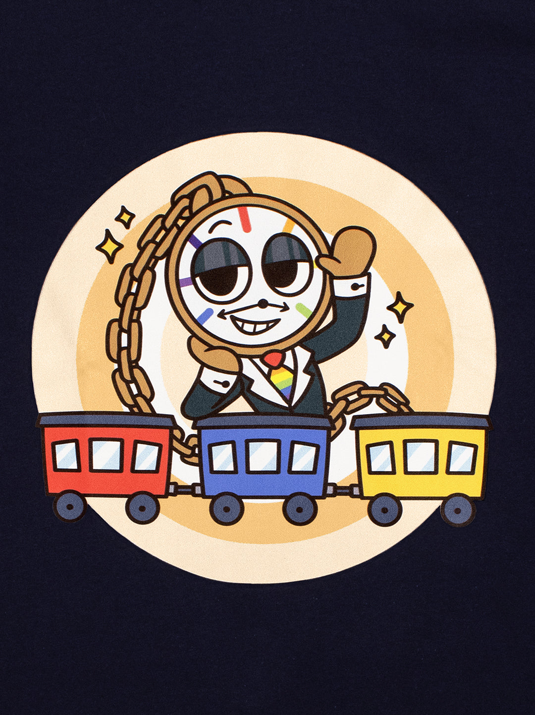 Cartoon character with a train made of colorful boxes on a dark background