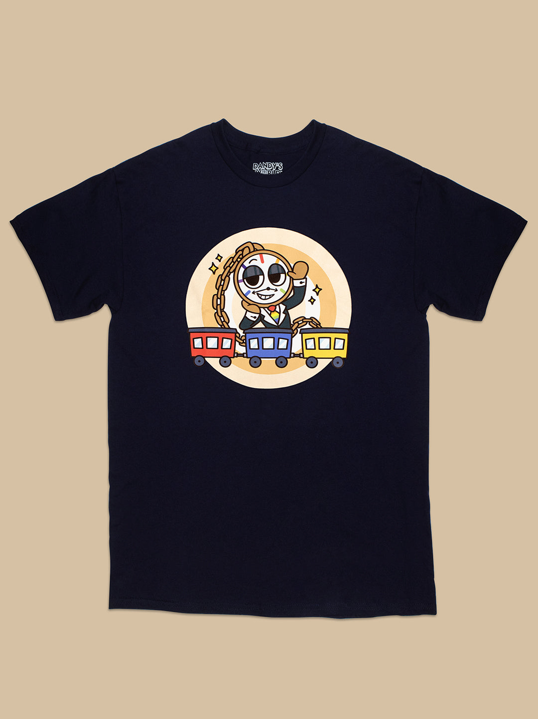 Black t-shirt with a colorful graphic of a character with a train on a beige background