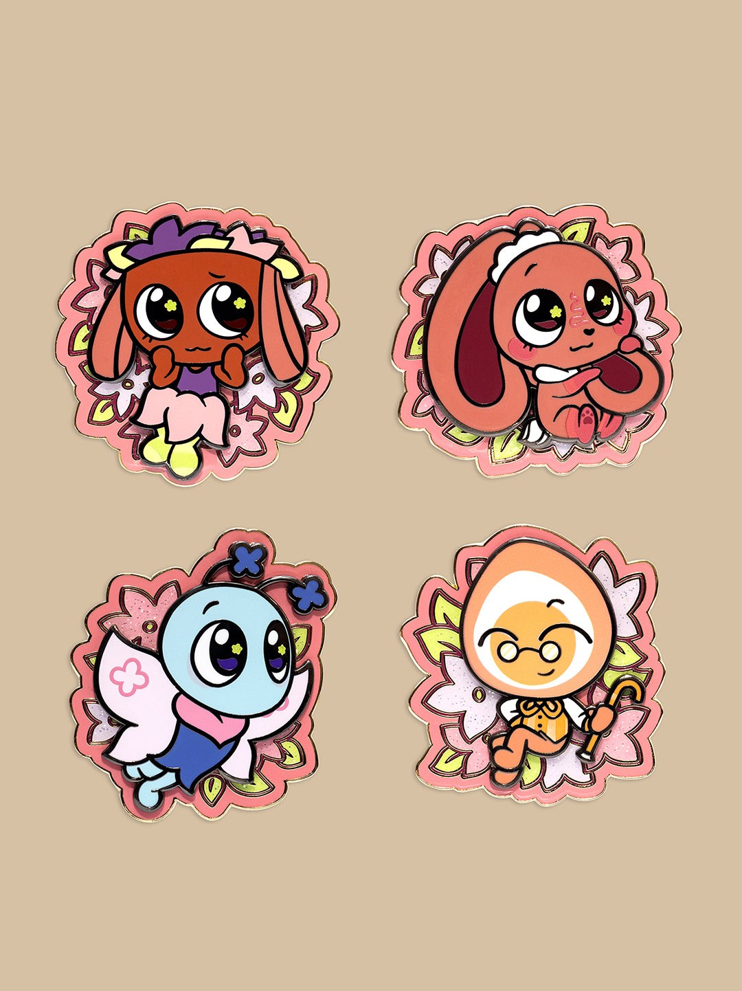 dandys world easter pin set. bassie, cocoa, flyte, eggson. kawaii cute eyes and flowers.