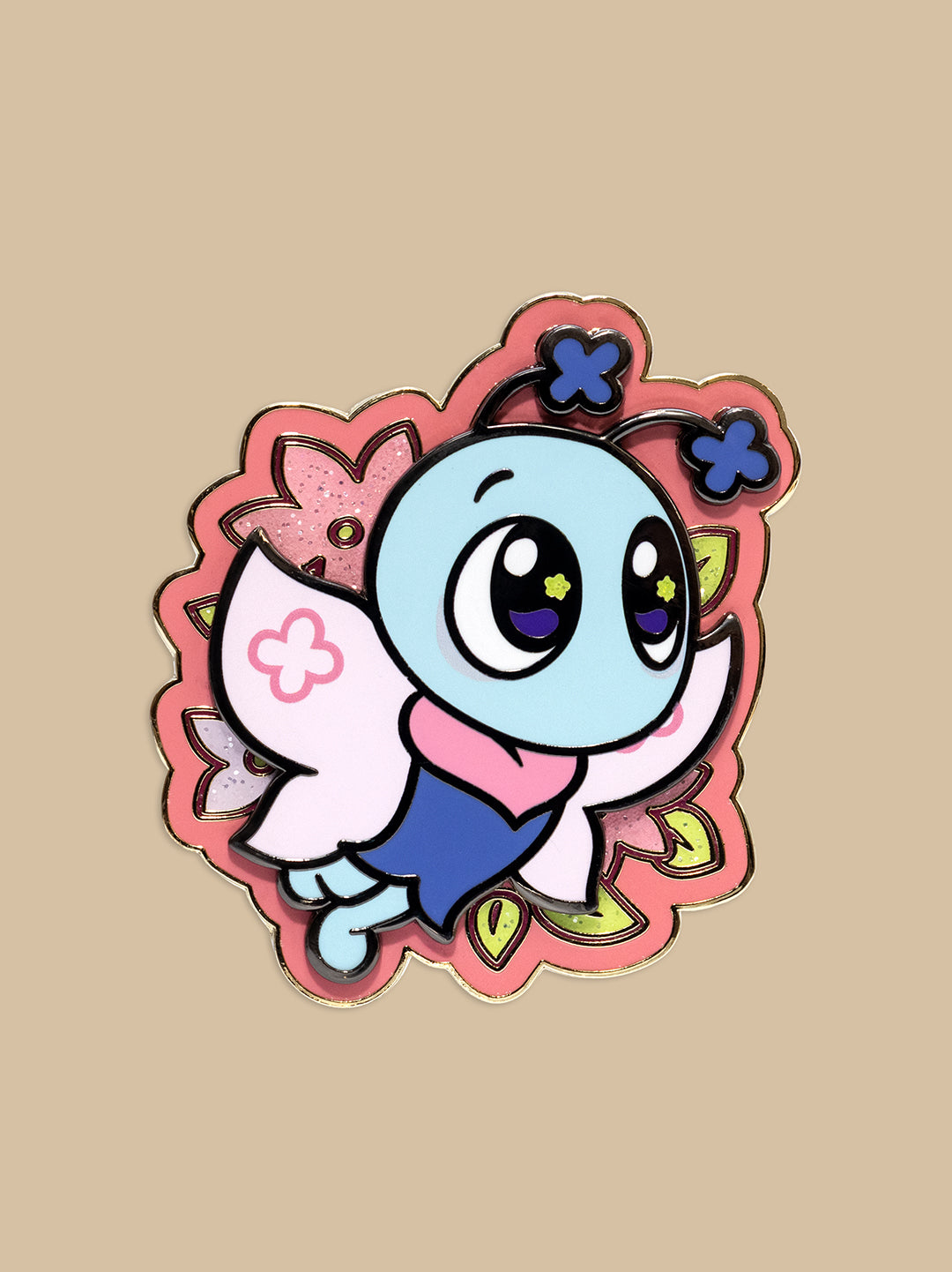 Cartoon character with a floral design on a beige background