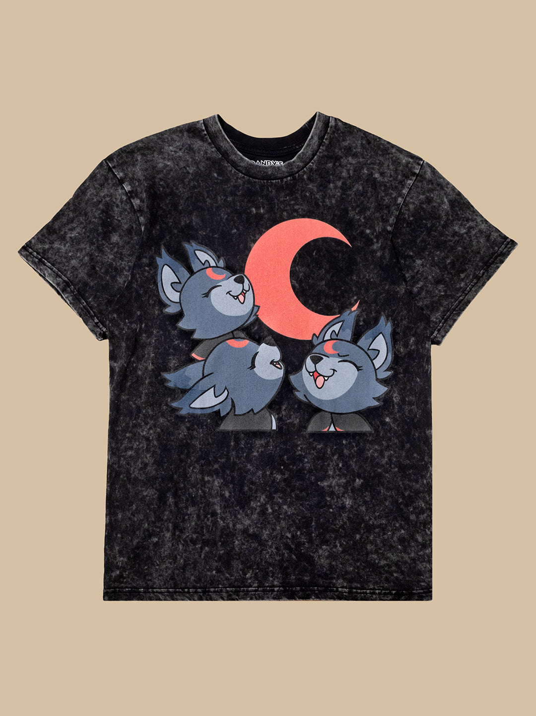 dark washed vintage t-shirt with 3 eclipse wolfs howling at red crescent moon.