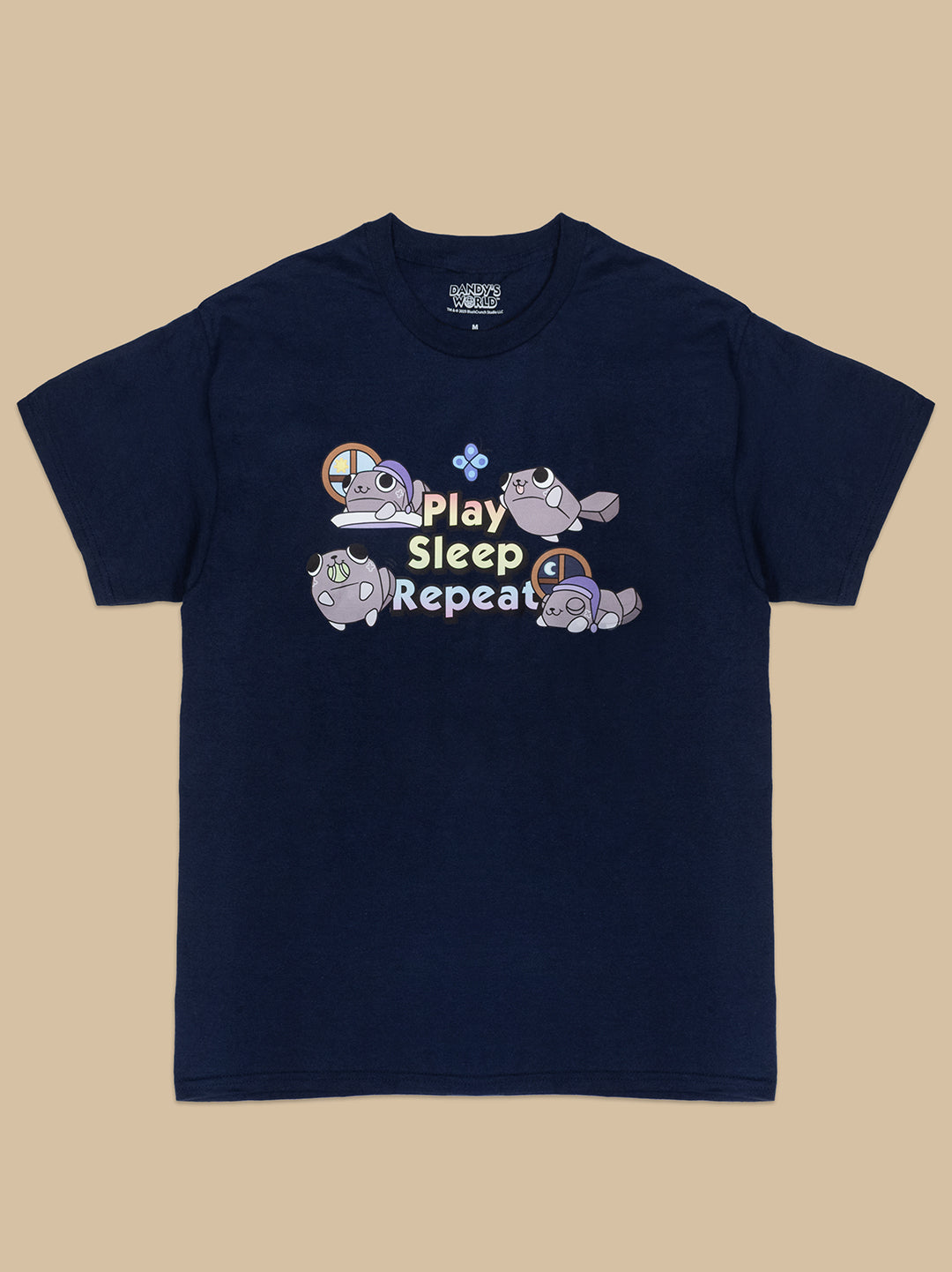 Navy blue t-shirt with cartoon characters and 'Play Sleep Repeat' text on a beige background
