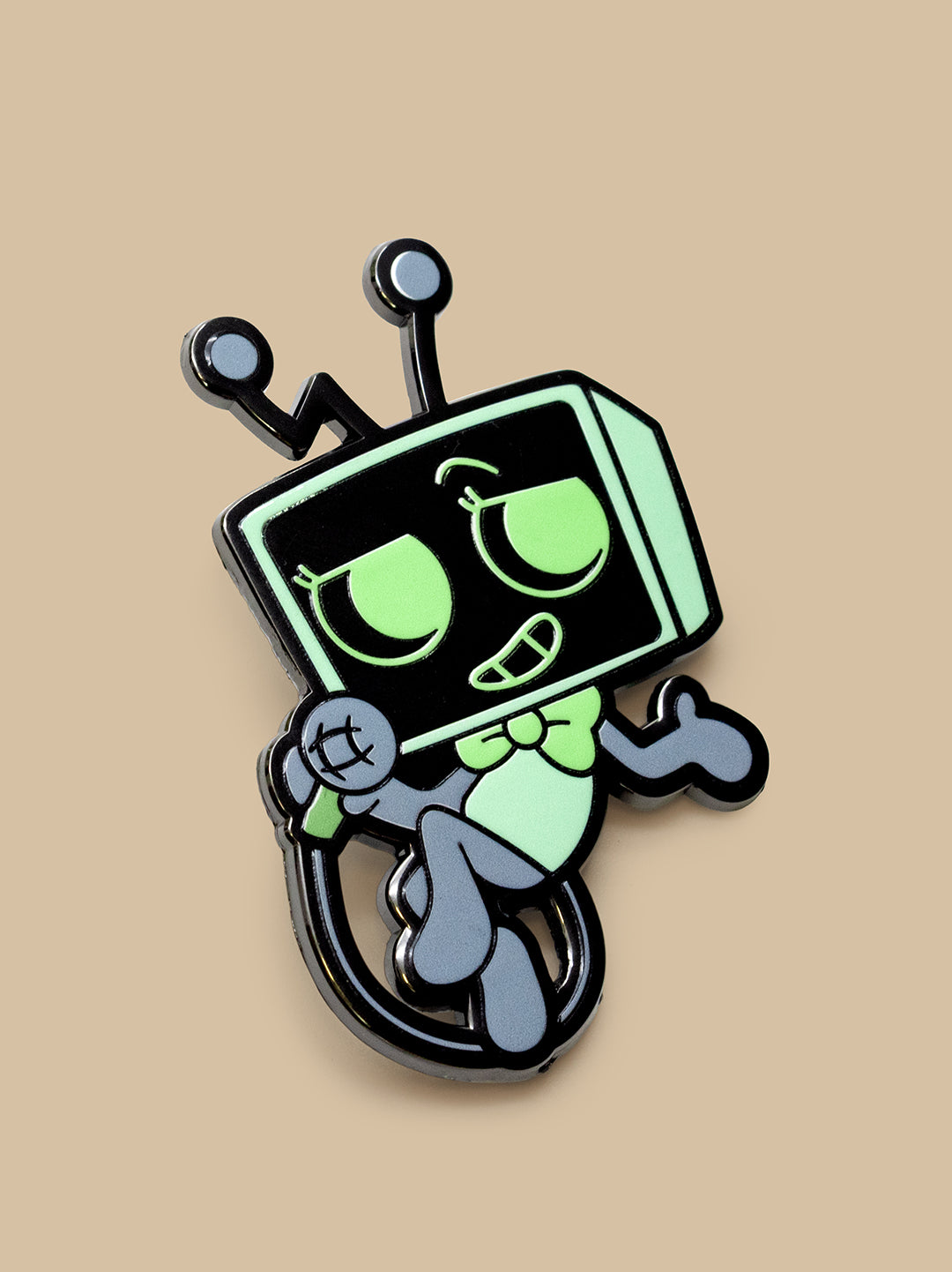 Animated character with a TV screen head on a beige background