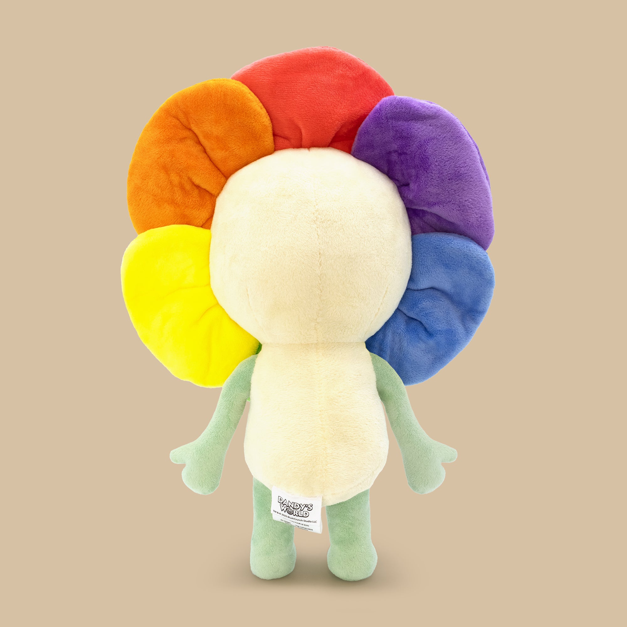 Plush toy with rainbow-colored head on a beige background