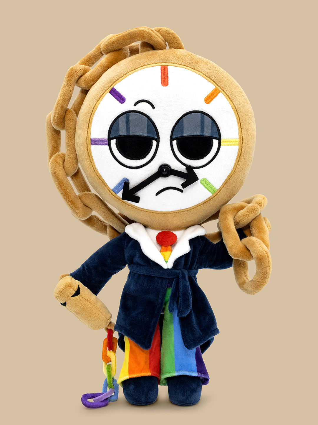 Plush toy with a clock face and colorful outfit on a beige background