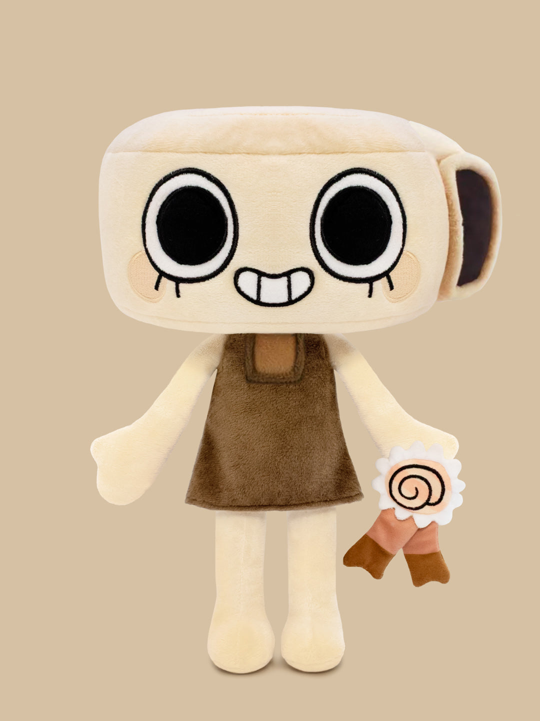 Plush toy with a neutral expression on a beige background