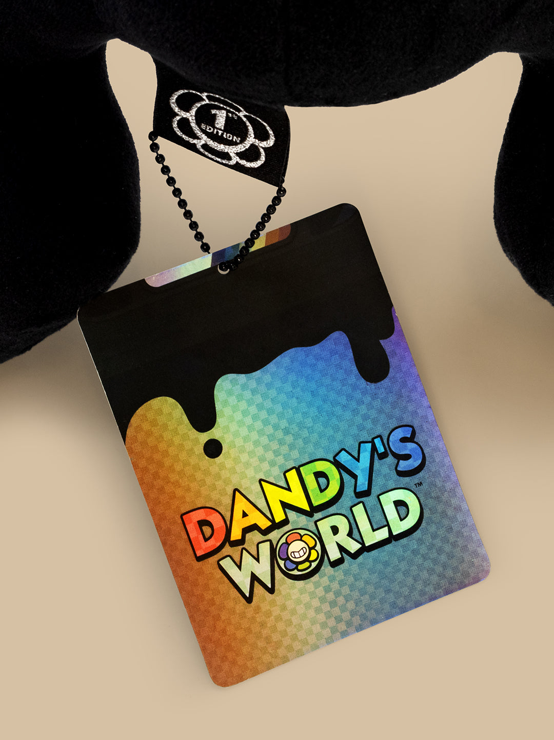 Colorful tag with 'Dandy's World' text on a beige background