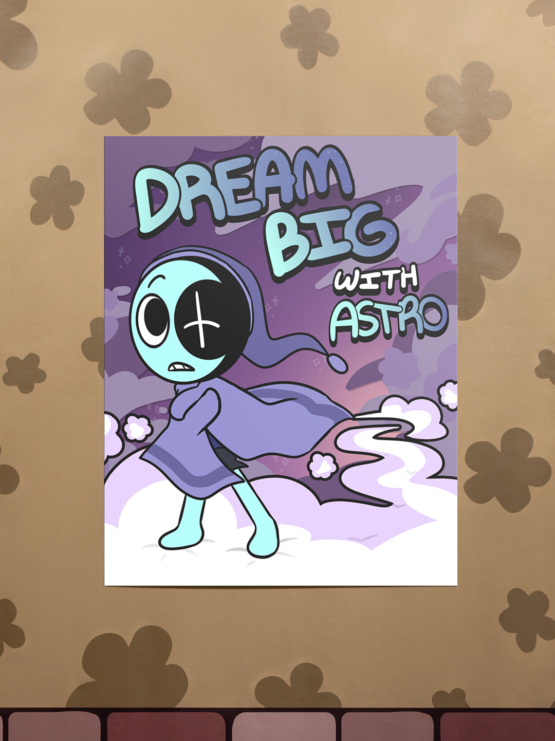 Cartoon character with text 'Dream Big with Astro' on a decorative background