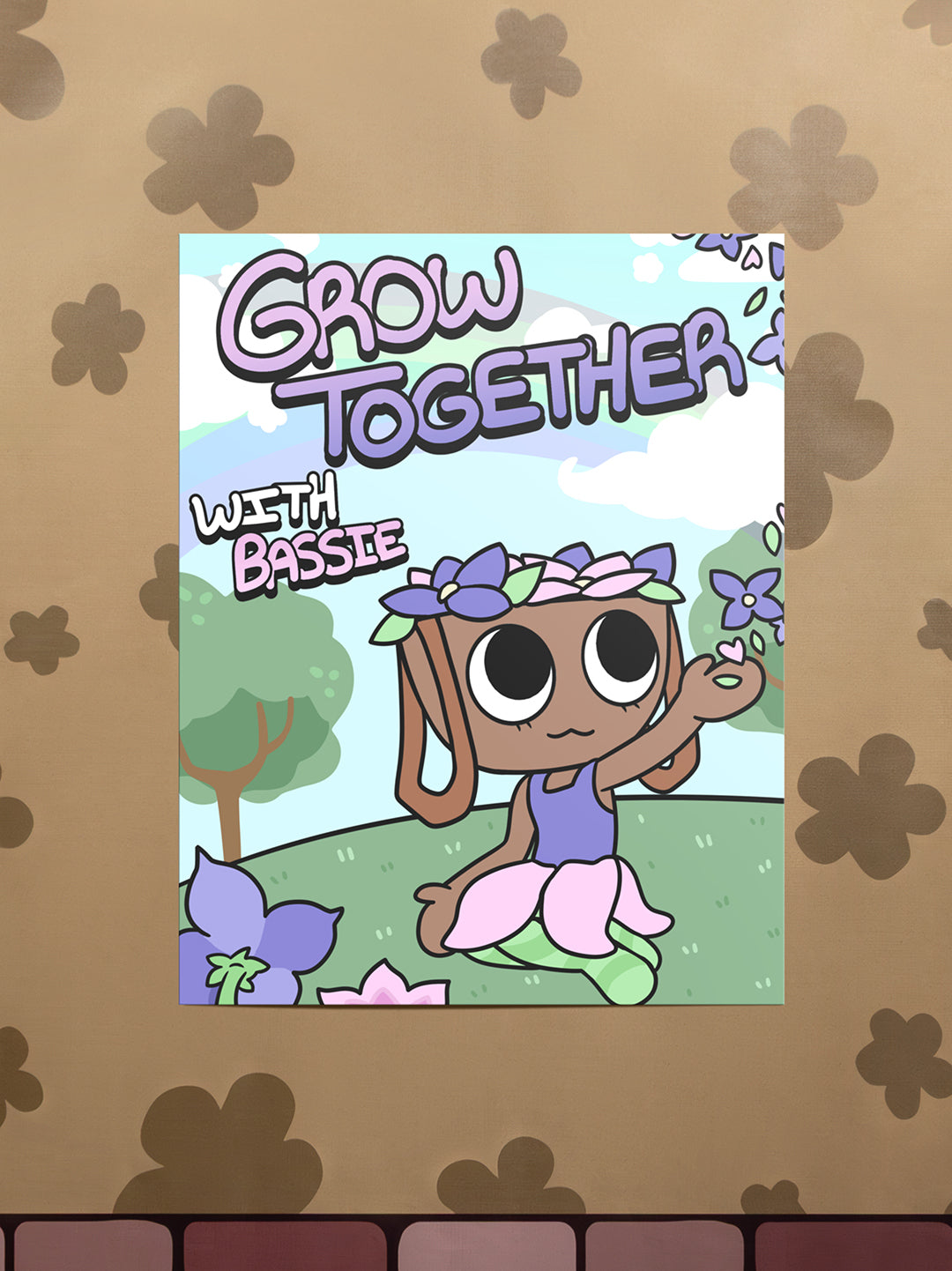 Cartoon character with 'Grow Together with Bassie' text on a decorative background