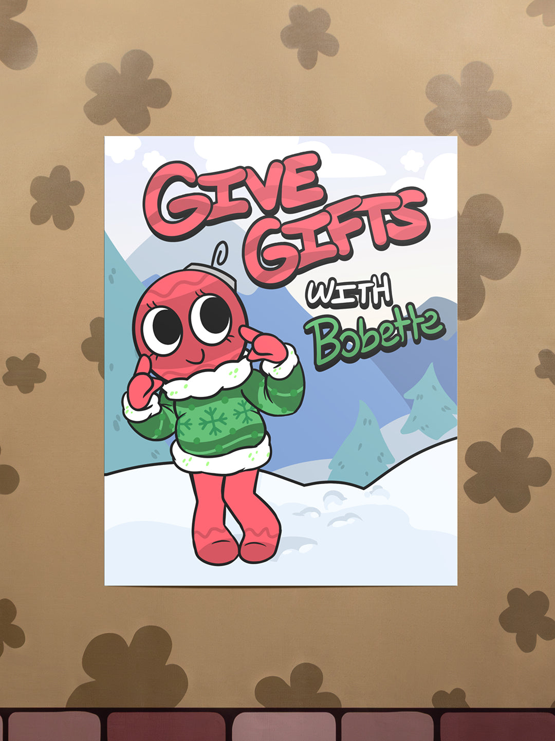 Cartoon character in a Christmas sweater with text 'Give Gifts with Bobette' on a decorative background.