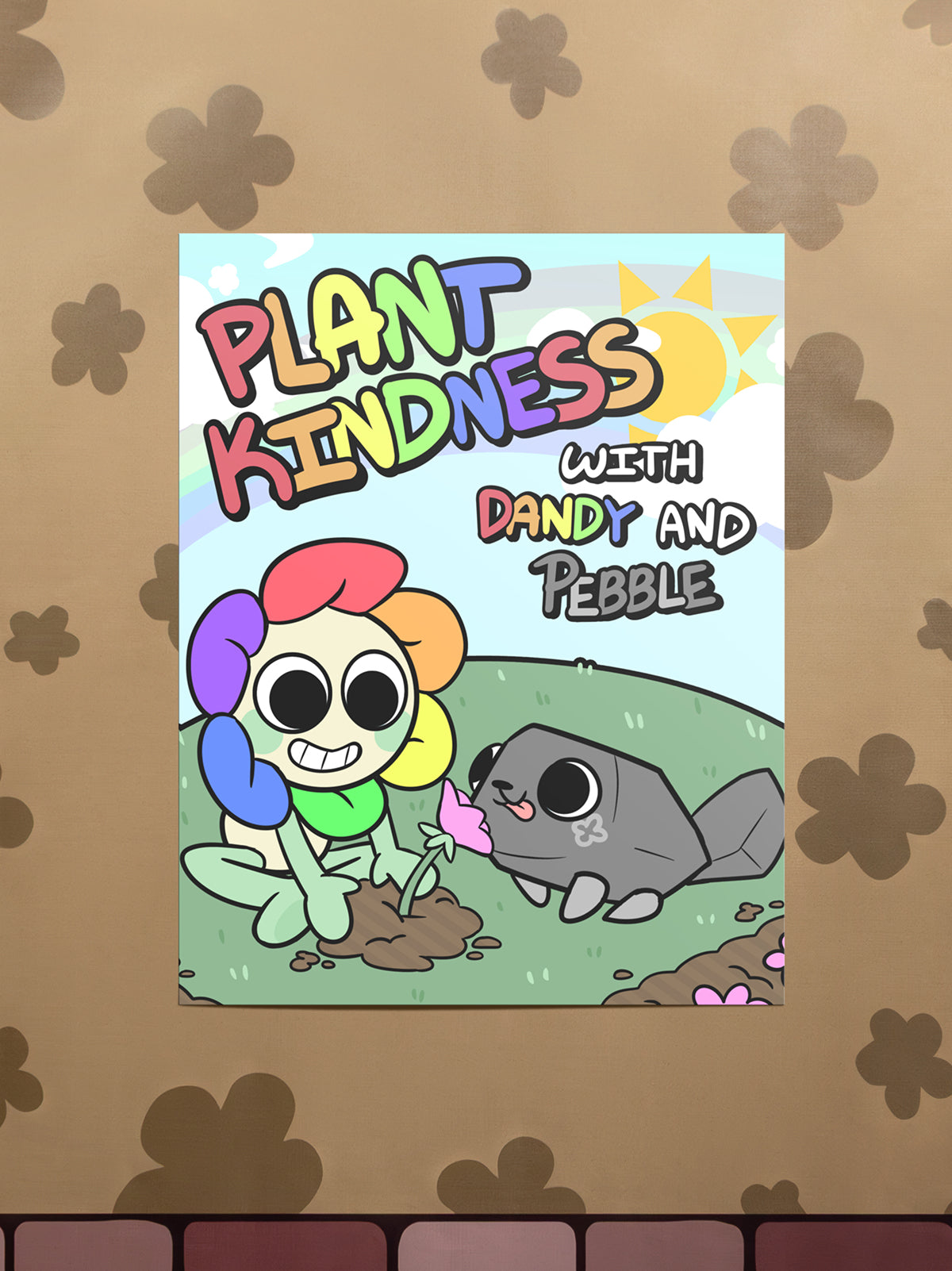 Cartoon characters planting a seed with text 'Plant Kindness with Dandy and Pebble' on a decorative background.