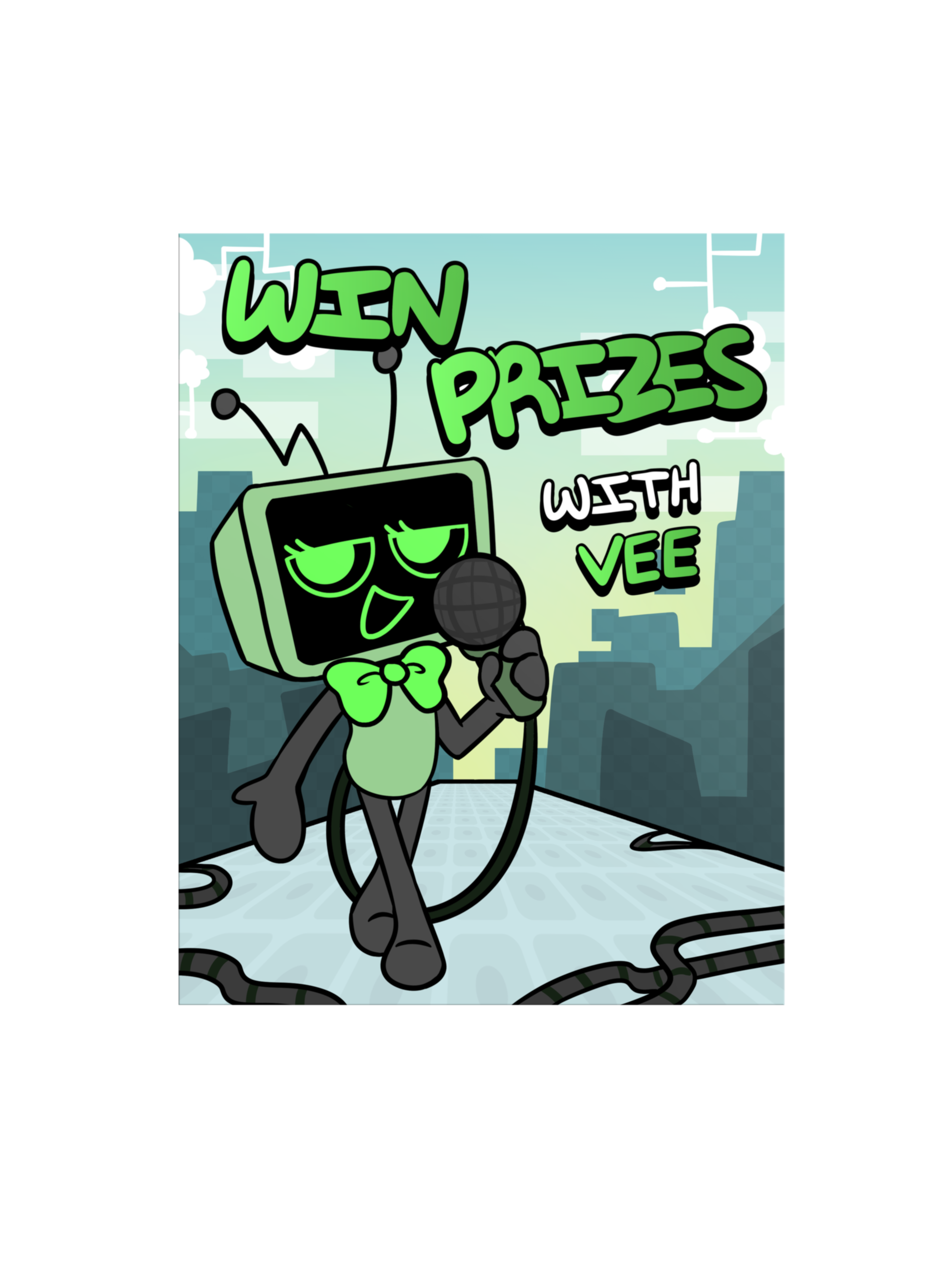 Cartoon character with a microphone and text 'Win Prizes with Vee' on a blue background