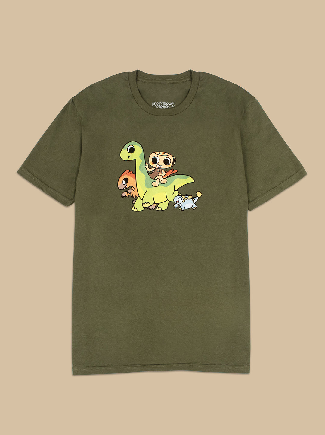 Green t-shirt with cartoon dinosaur design on a beige background