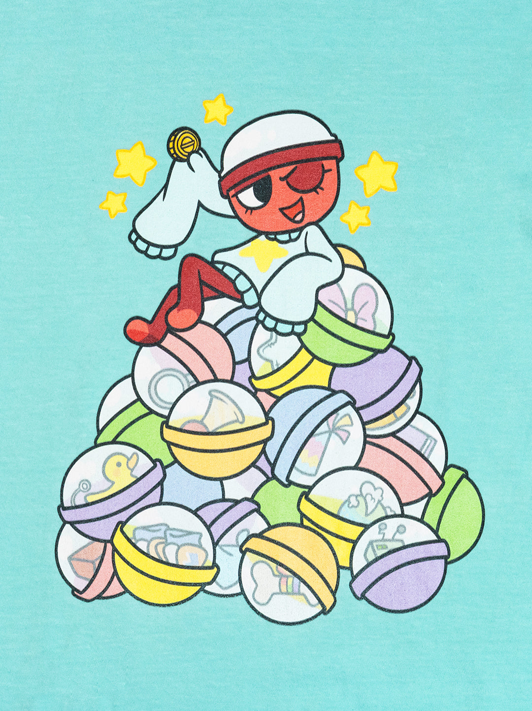 graphic: gigi sitting on top of gachapon balls with items and trinkets inside. Holding her lucky coin with stars around her head. She's winking.