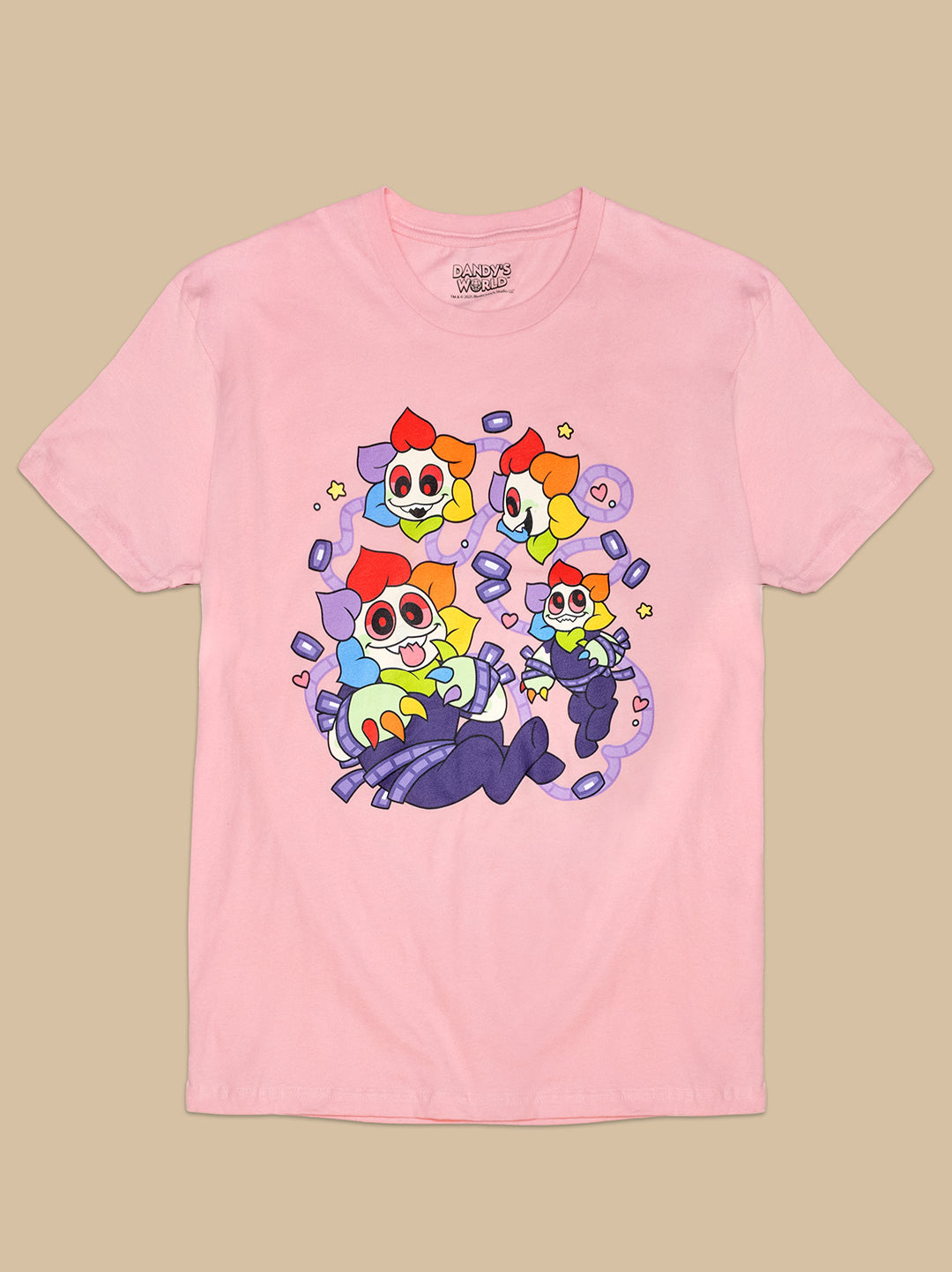 Pink t-shirt with colorful cartoon characters on a beige background