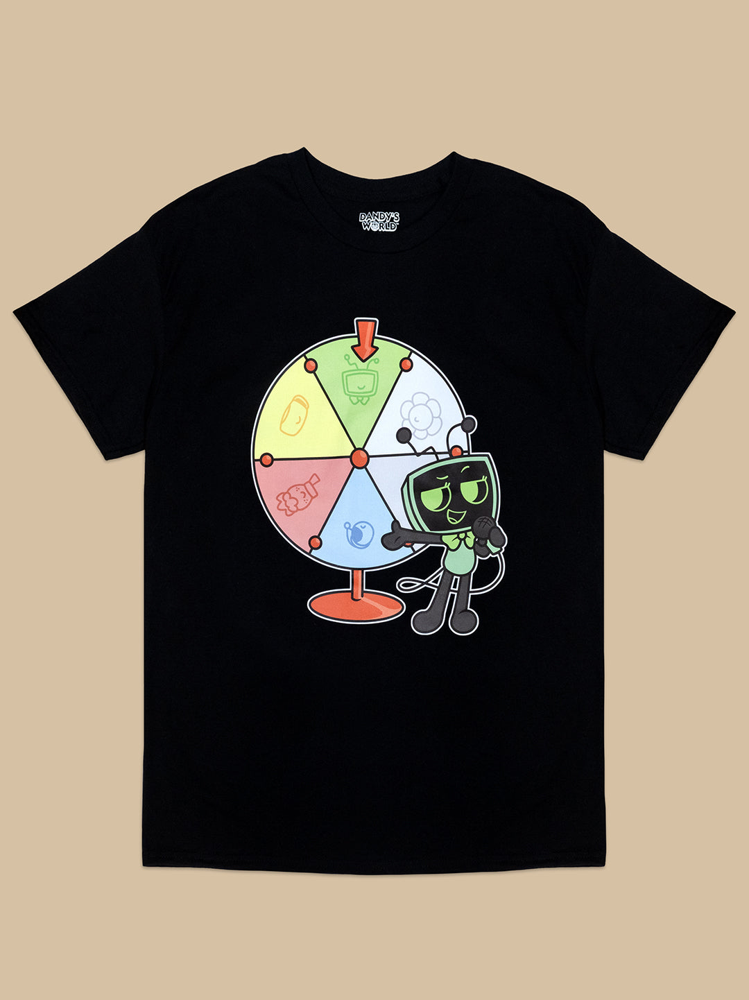 Black t-shirt with a colorful graphic design on a beige background