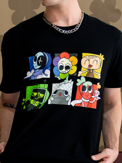 Black t-shirt with colorful cartoon character designs on a plain background