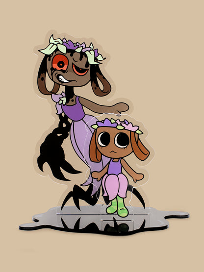 Cartoon-style characters in purple outfits with flower crowns on a beige background