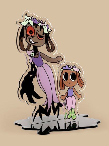 Cartoon character figure with a smaller version of itself on a beige background