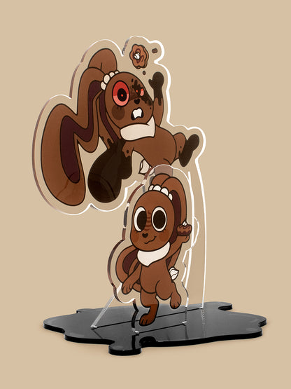 Cartoon bunny character on a stand with a beige background