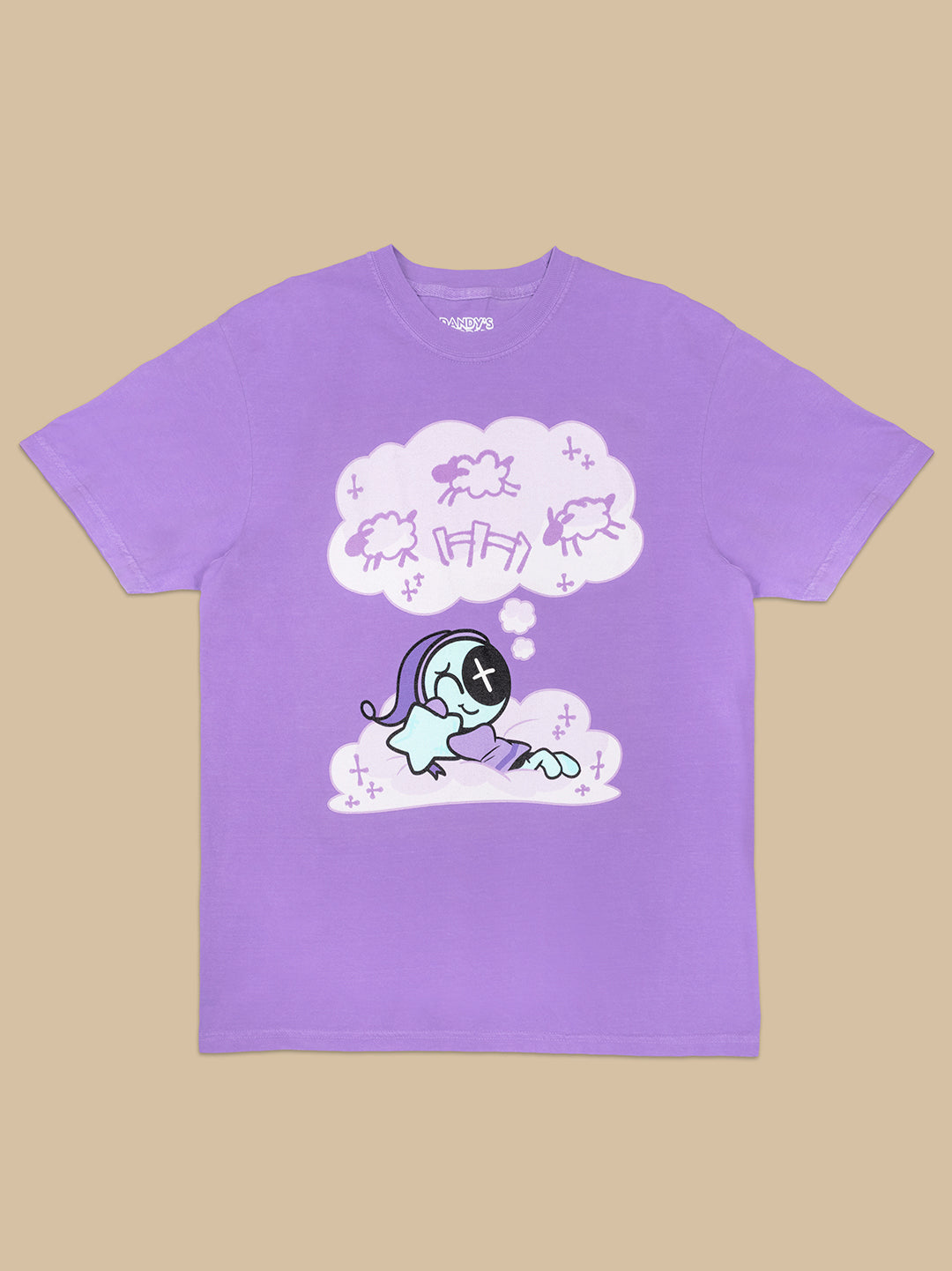Purple t-shirt with cartoon character and thought bubbles on a beige background