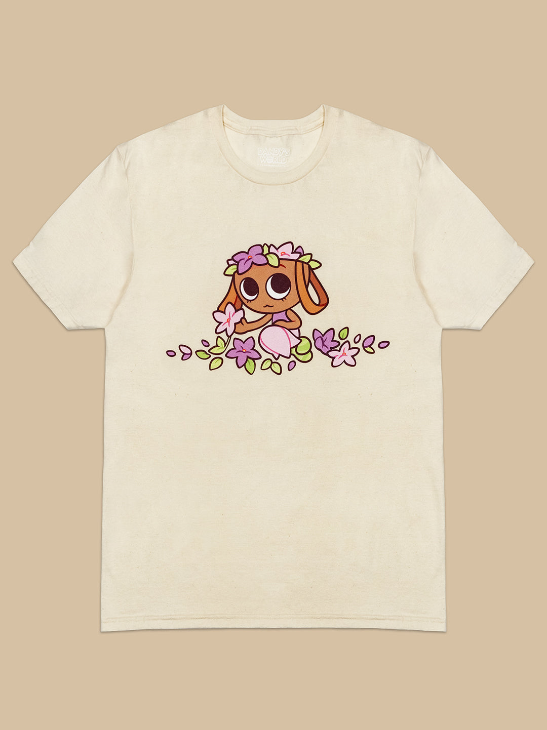 cartoon character that looks like a basket with flowers in her head and around her on a natural colored t-shirt on a beige background