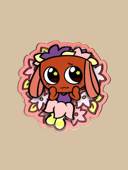 Cartoon character with a decorative frame on a beige background