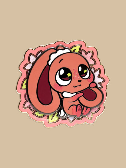 Cartoon character with a pink border on a beige background
