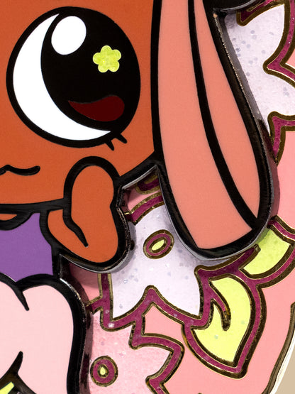 Cartoon character with large eyes and a colorful outfit