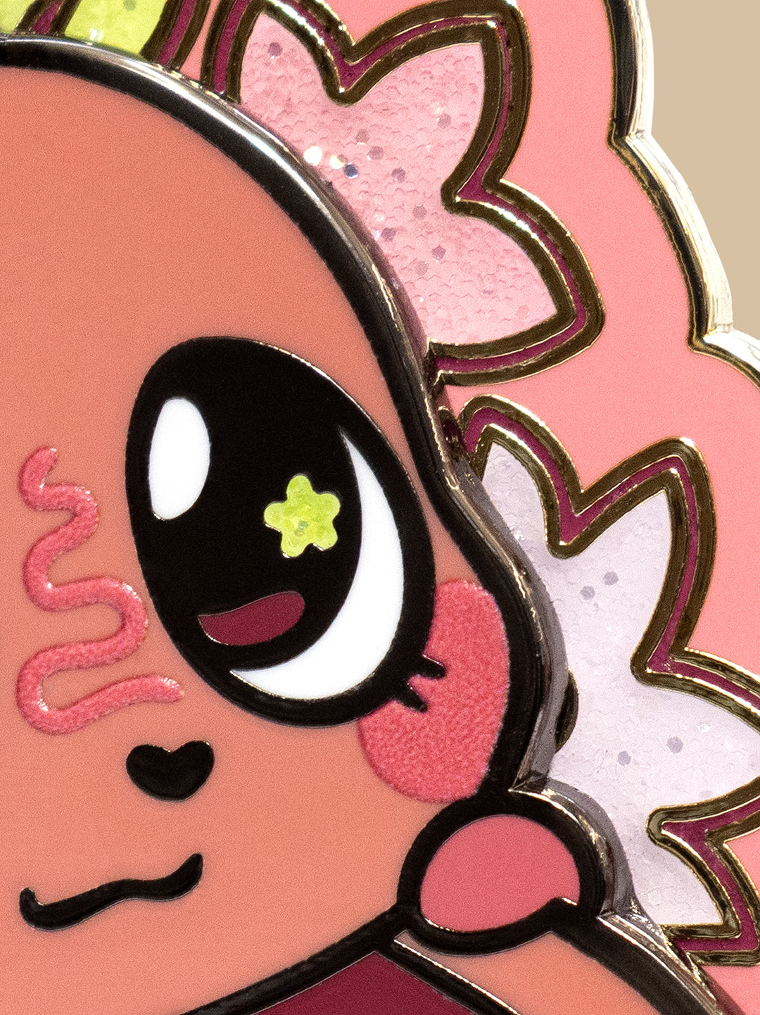 Cartoon character with a pink border and flower on a beige background