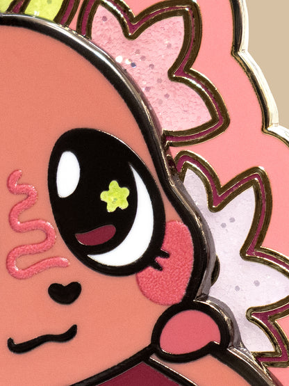Cartoon character with a pink border and flower on a beige background