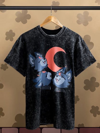 dark washed vintage t-shirt with 3 eclipse wolfs howling at red crescent moon. shirt on hanger with background.