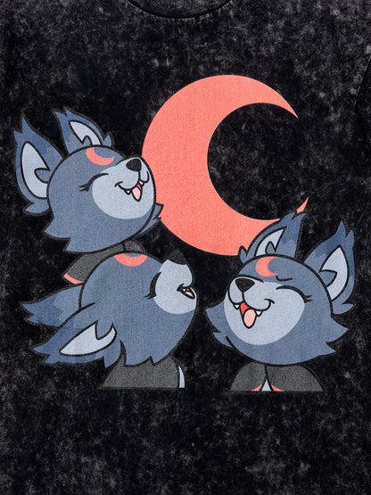 Graphic on shirt: 3 eclipse wolfs howling at red crescent moon.