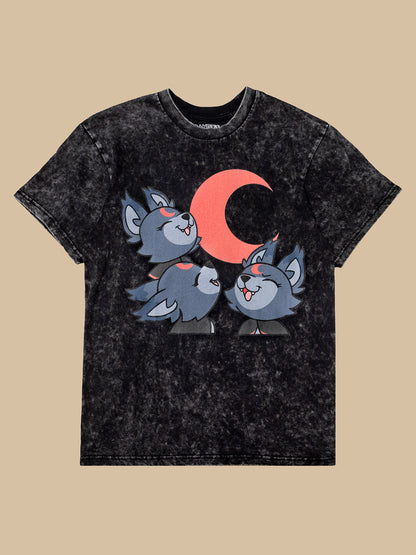 dark washed vintage t-shirt with 3 eclipse wolfs howling at red crescent moon.