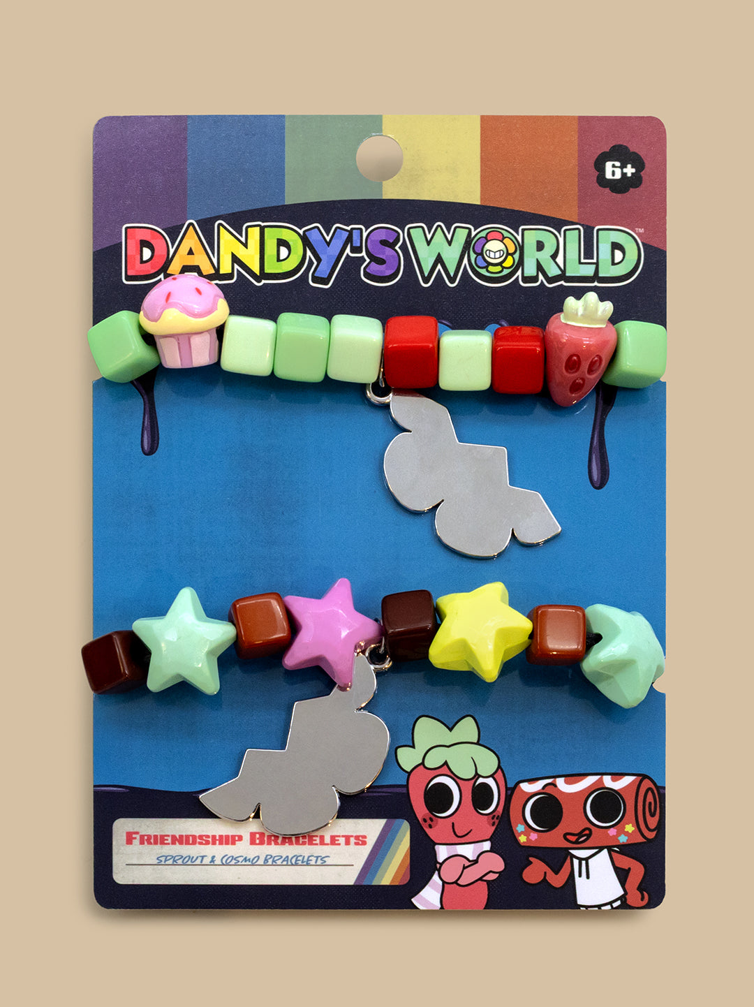 A set of three colorful beaded bracelets displayed on a blue hanging card. The top bracelet has pastel green, mint, and red beads with pink and strawberry charms.