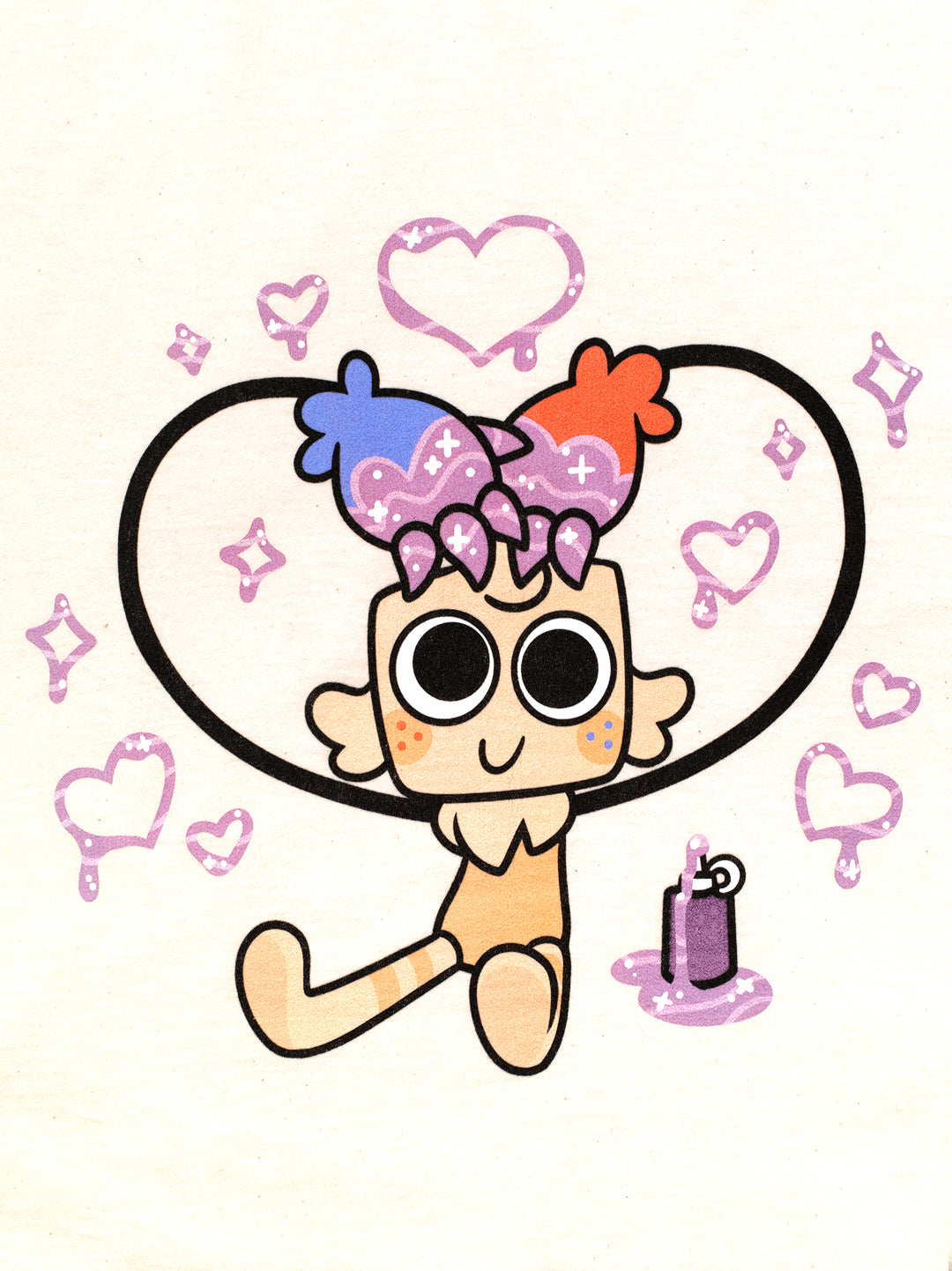 A cute chibi-style cartoon character with large round eyes, peach skin, and colorful hair in blue, purple, and orange, surrounded by pink hearts and sparkles on a light cream background.
