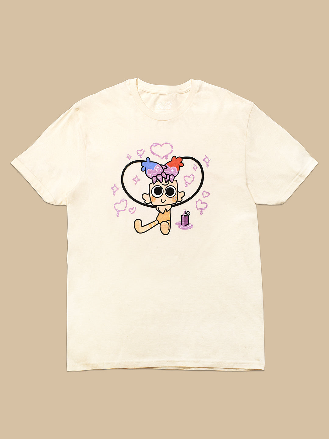 An off-white short-sleeve t-shirt with a colorful cartoon graphic of a character inside a heart, displayed flat against a solid beige background.