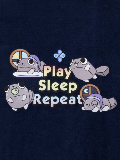 Navy blue shirt with cartoon characters and 'Play Sleep Repeat' text on a dark background