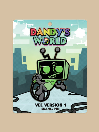 Enamel pin packaging with 'Dandy's World' branding and cartoon character design.