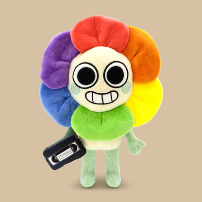 Colorful plush toy with a happy face on a beige background