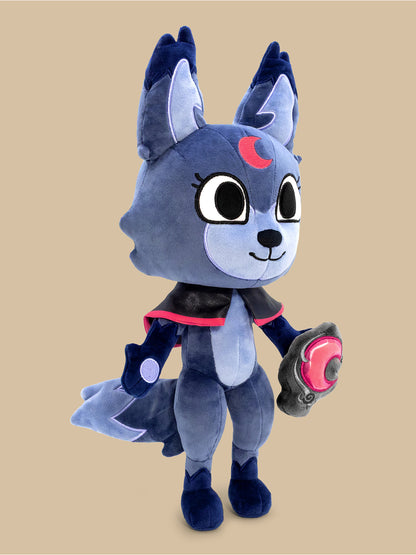 wolf character wearing cape holding charm facing to the side