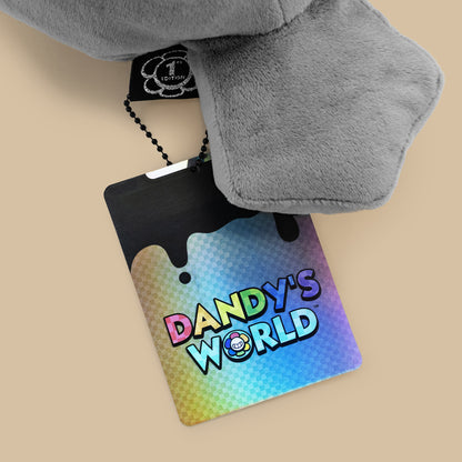 Gray plush toy with a 'Dandy's World' branded card on a beige background