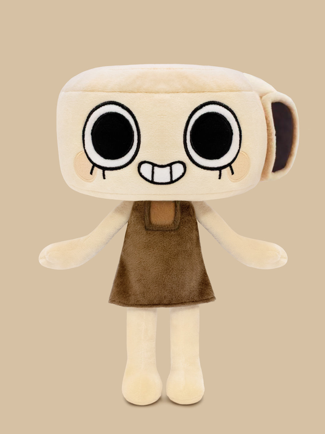 Plush toy with a beige head and brown dress on a beige background
