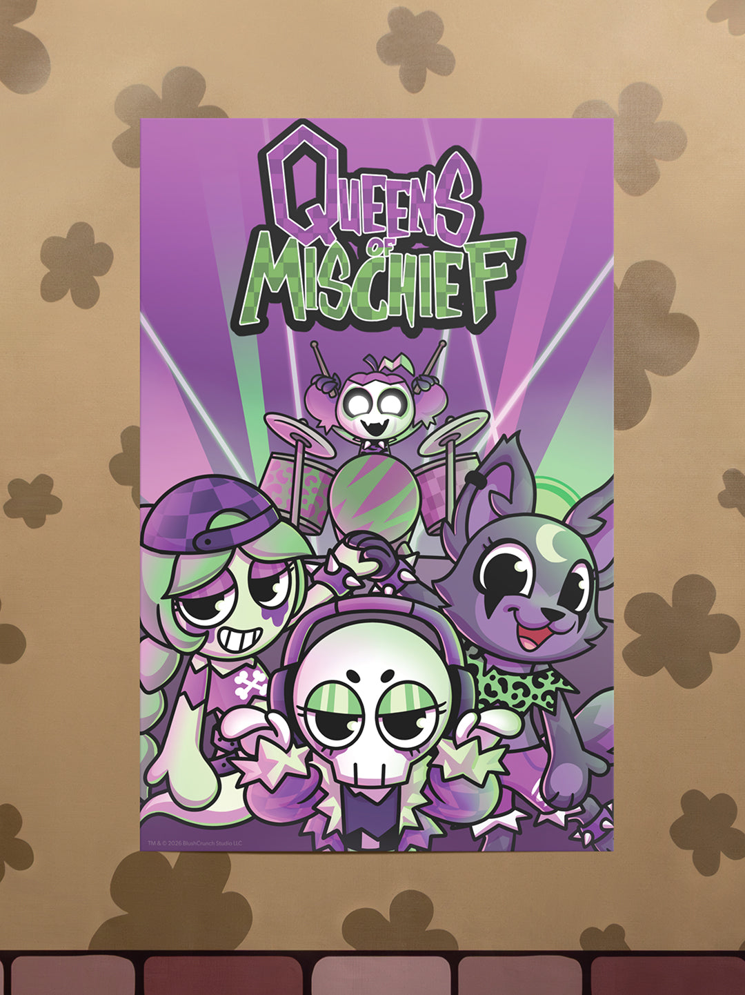 queens of mischief poster. gourdy drumming in back. connie, ribecca, eclispe