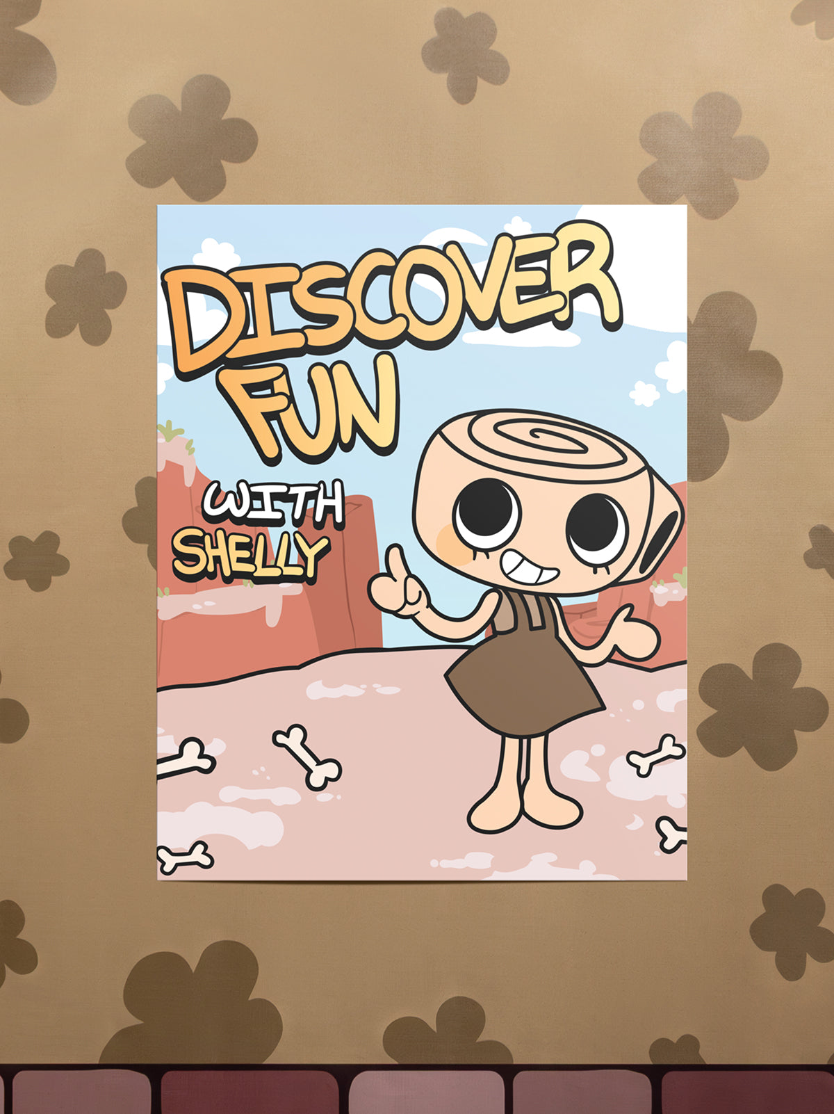 Cartoon character with text 'Discover Fun with Shelly' on a decorative background