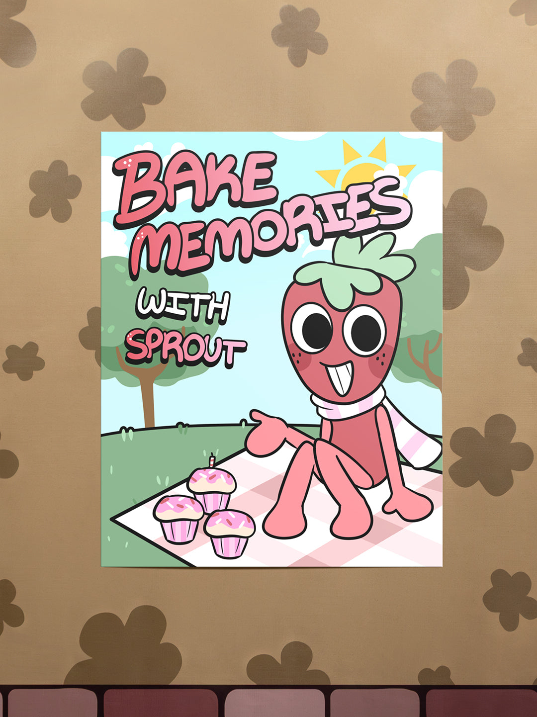 Cartoon character on a blanket with cupcakes, text 'Bake Memories with Sprout' on a patterned background