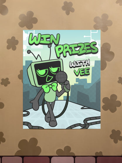 Cartoon character with a microphone on a decorative background