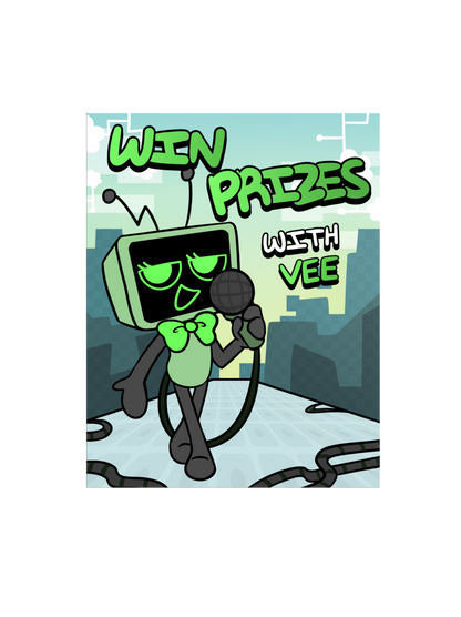 Cartoon character with a microphone and text 'Win Prizes with Vee' on a blue background