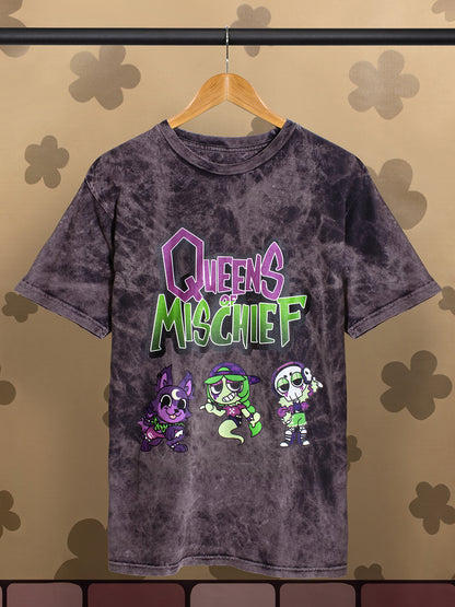 dark cloudy black shirt with image: queens of mischief text. eclipse, connie, and ribecca. shirt on hanger